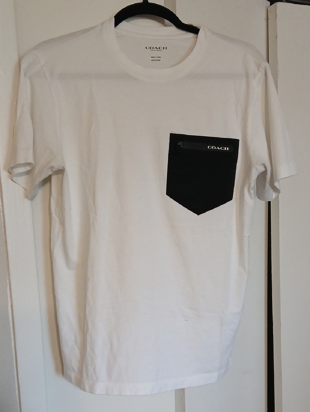 COACH White Short Sleeve Tee with Black Zip Chest Pocket